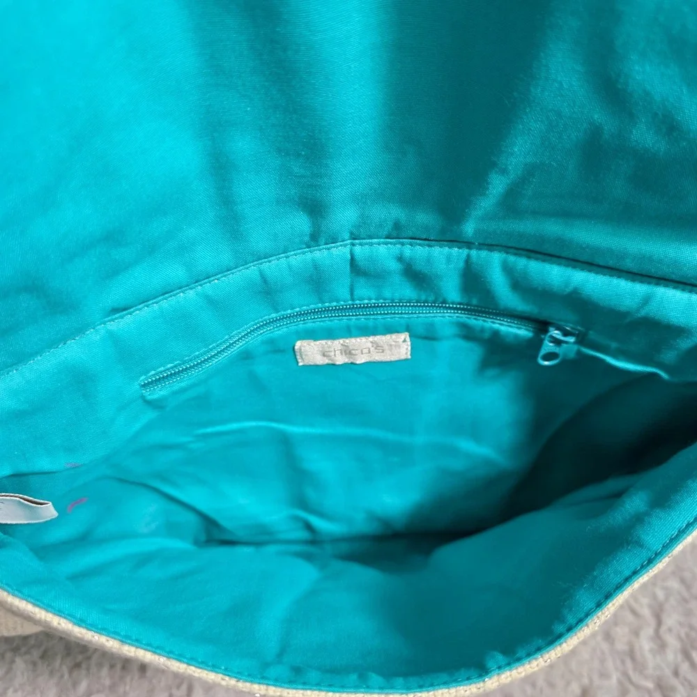 Chico's Clutch Bag‎ Beige Blue Beaded Turquoise Green Coastal Bohemian Purse